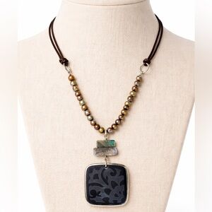 Silpada Mixed Media Bronze Pearls Abalone Etch Black Pendant Statement Necklace